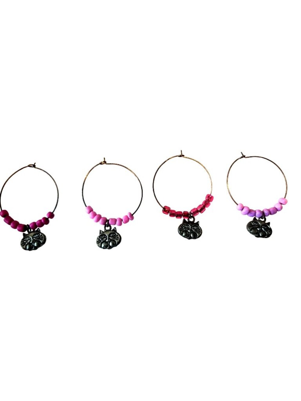 Wine Charms 1"  Charm Beads Silver Hoops Set of 4  Cats Pink Red Beads